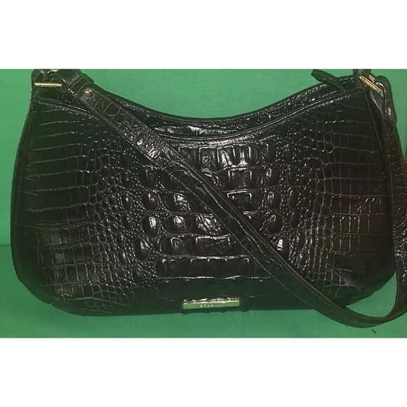 BRAHMIN CAYSON BLACK MELBOURNE LEATHER SMALL HOBO SHOULDER BAG Croc Embossed - Picture 2 of 14